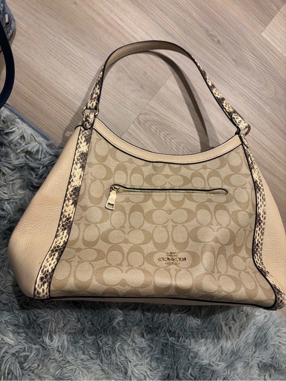 Coach Beige Signature Canvas Hobo with Snake-Print Accents